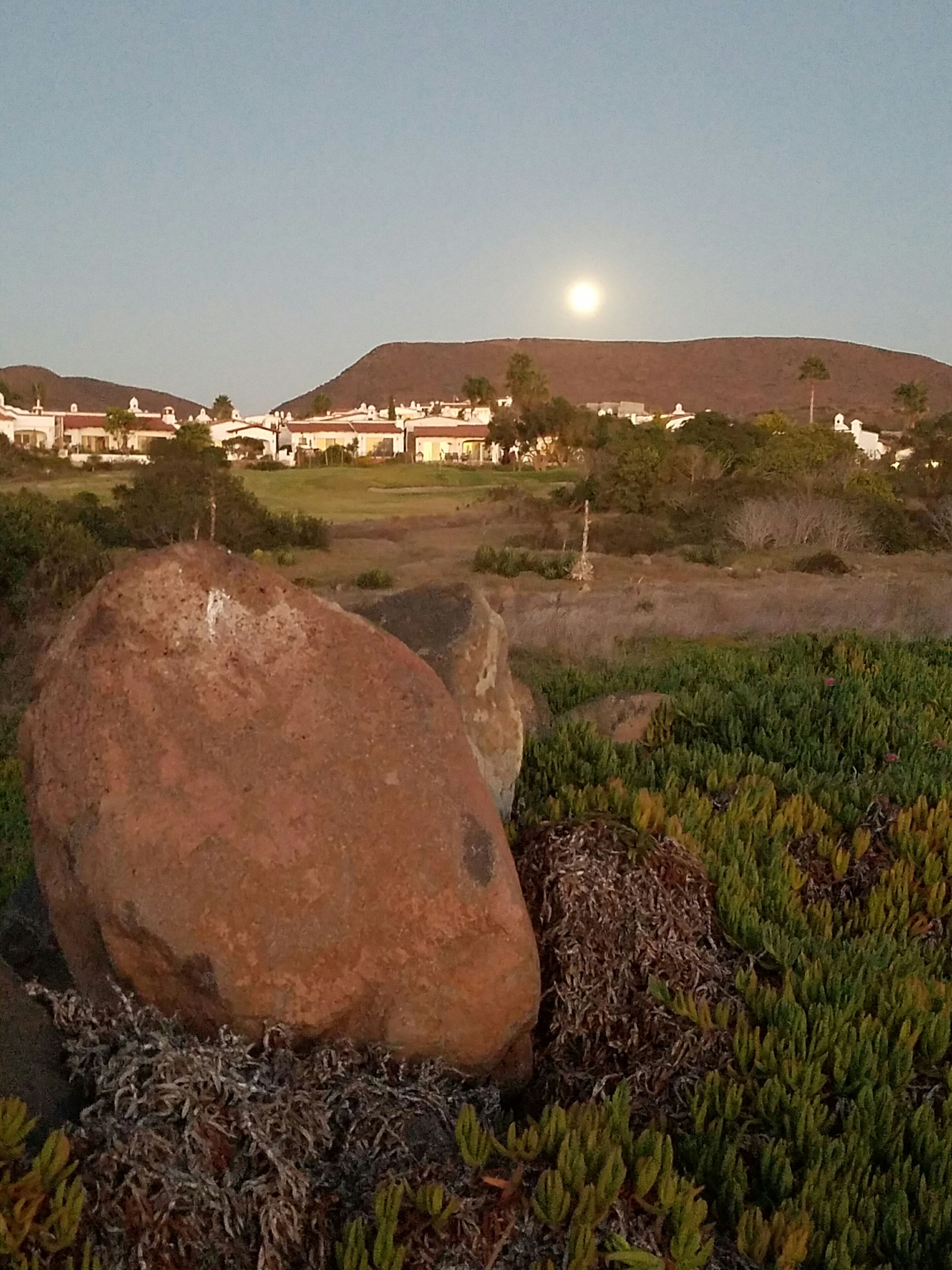 A landscape with large rocks, sparse vegetation, and a distant view of buildings under a clear sky.