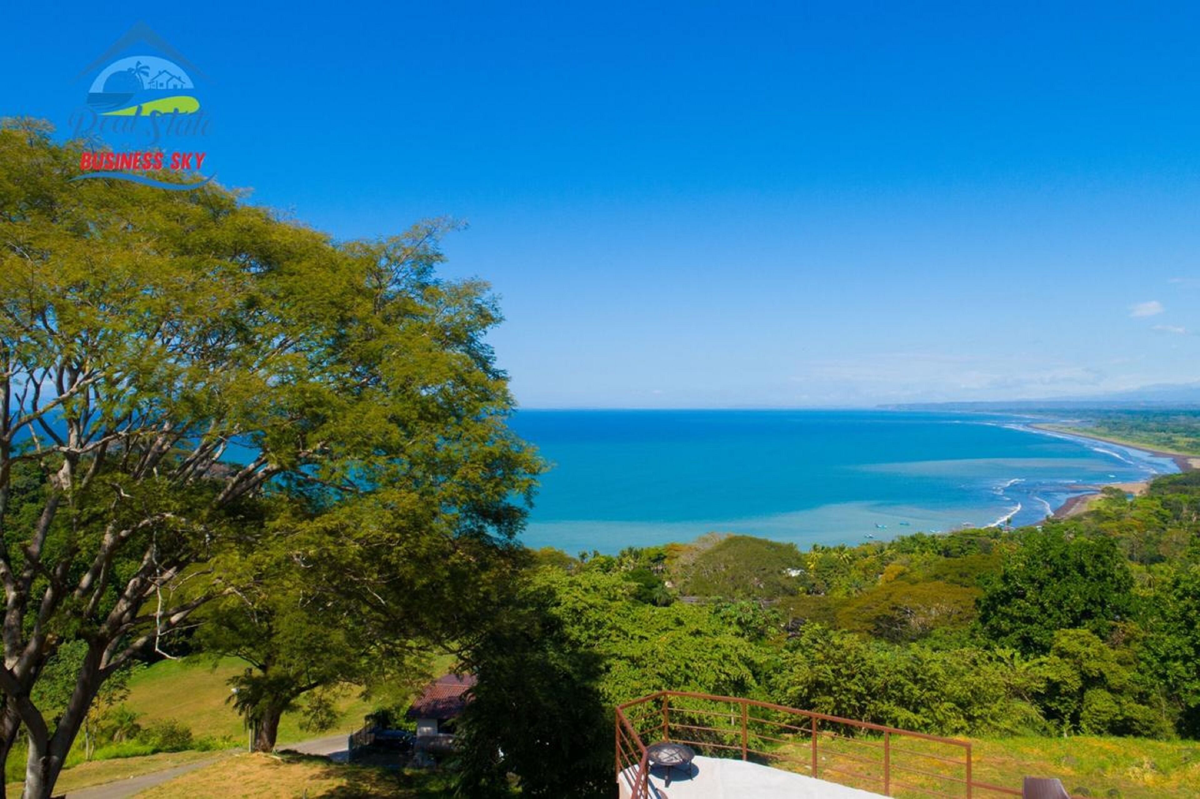 A coastal landscape with a clear view of the ocean and a tree-lined path.