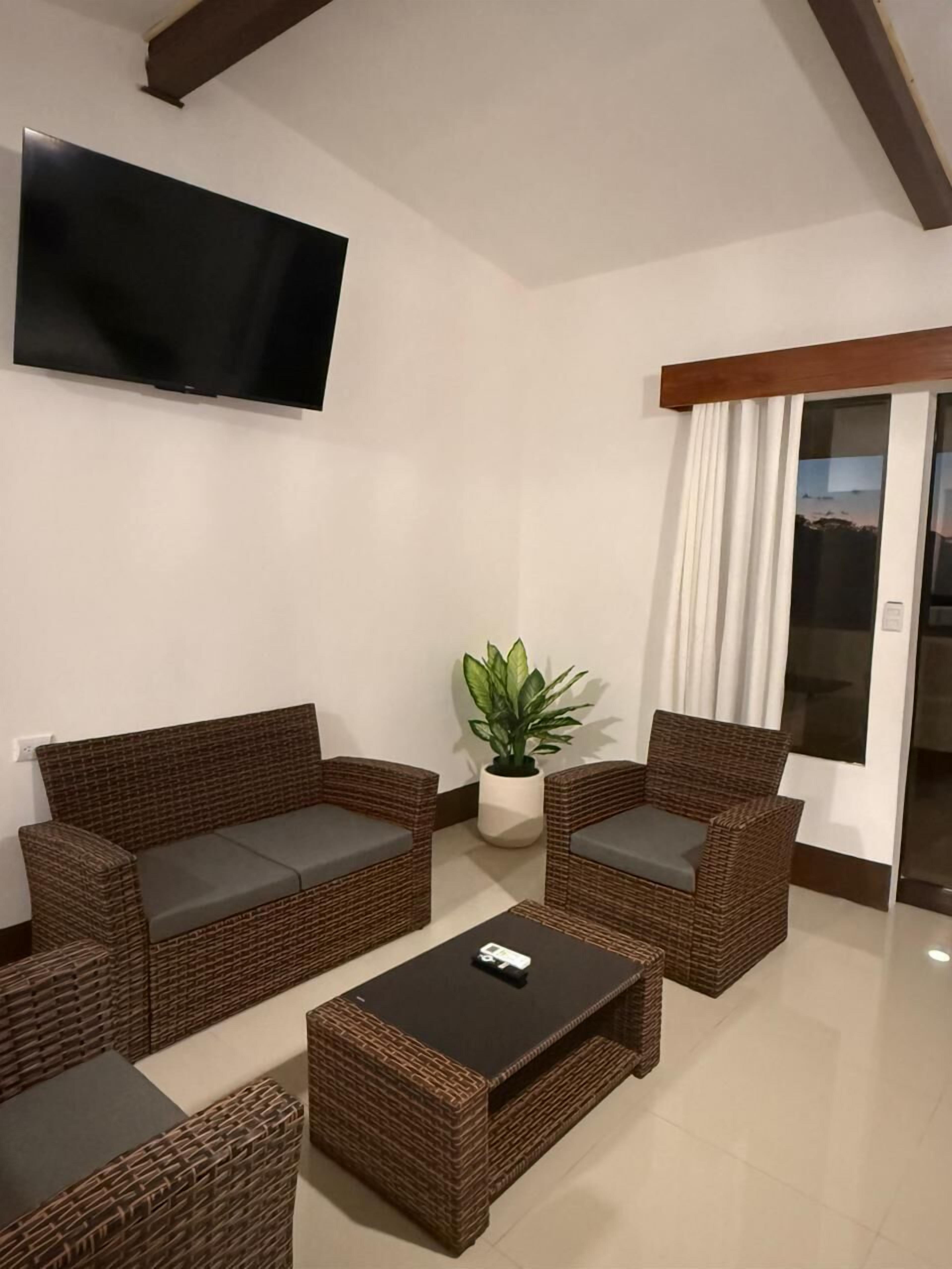 Una sala de estar moderna con muebles de mimbre, un televisor de pantalla plana, una planta en maceta y un puerta corrediza de vidrio.