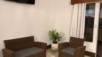 Una sala de estar moderna con muebles de mimbre, un televisor de pantalla plana, una planta en maceta y un puerta corrediza de vidrio.