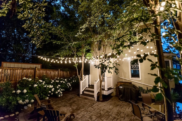 String lights on the patio make it the perfect place to unwind in the evening!
