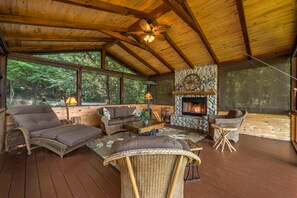 Cabin, 3 Bedrooms | Living room | 50-inch flat-screen TV with cable channels, TV - Off The Grid by Escape to Blue Ridge (Cherry Log)