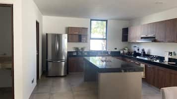 Fridge, microwave, stovetop, blender