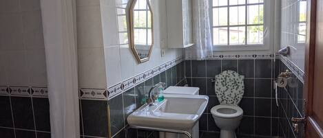 A bathroom with a white sink, a toilet, and a mirror.