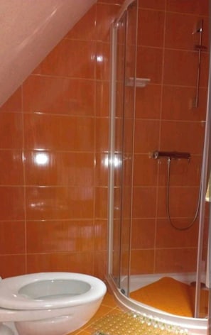 Shower area features a glass door and orange-tiled walls.