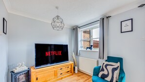 A living room with a TV displaying 'NETFLIX', a wooden TV stand, a blue armchair, a radiator, and a window with curtains.