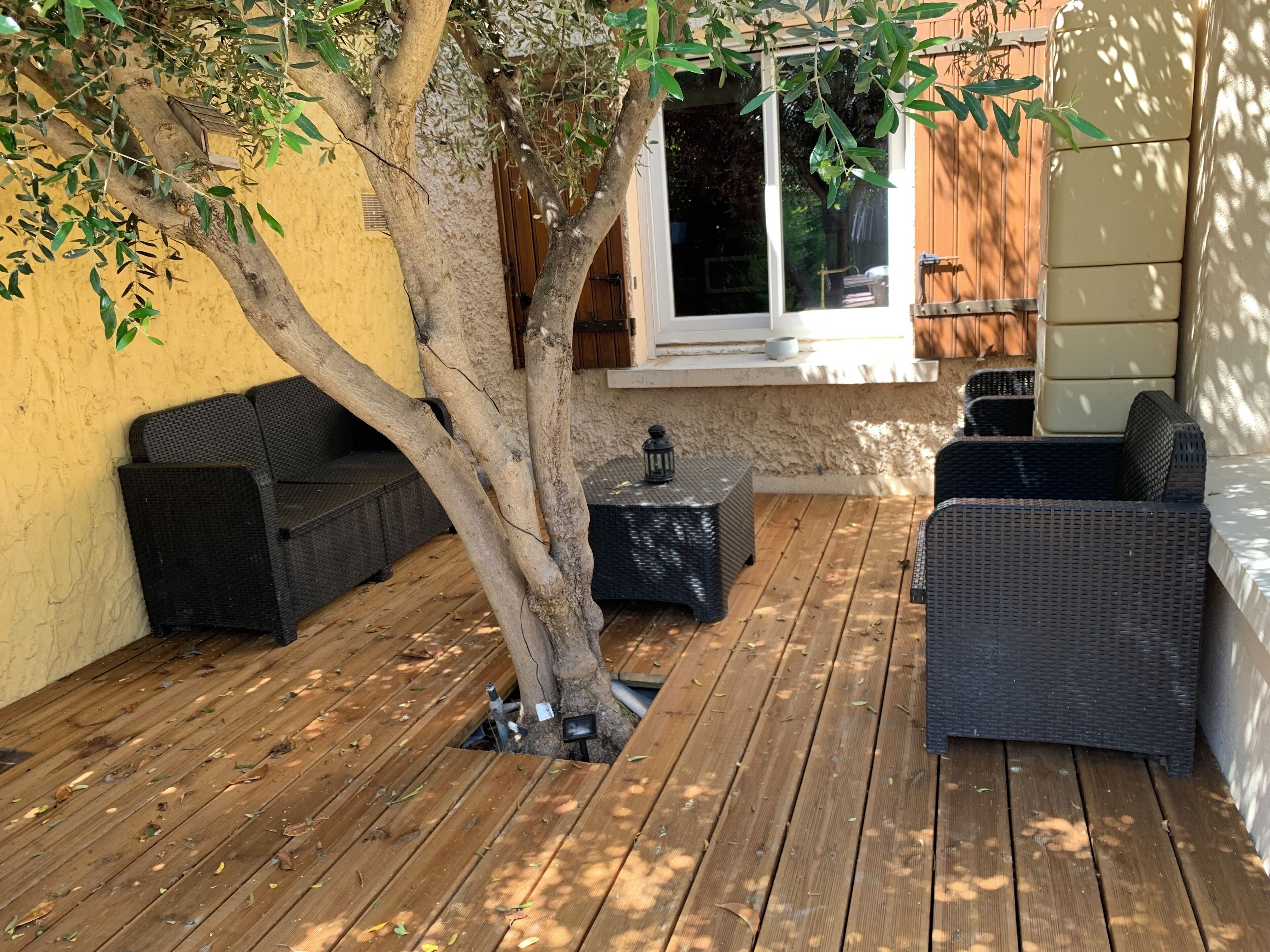 A wooden deck with wicker furniture and a tree.