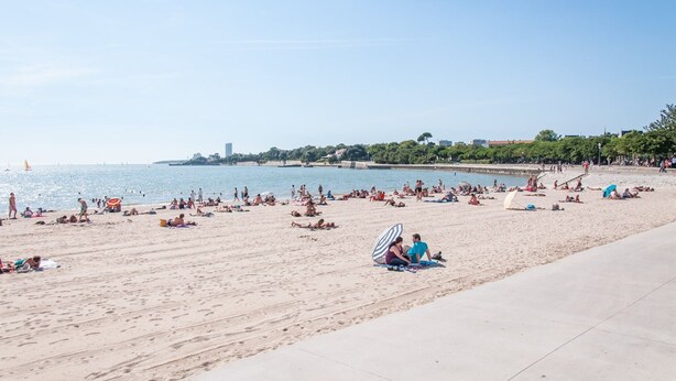 A beach with people sunbathing and swimming, a clear sky, and a distant cityscape. - Magnificent T2 hyper center, hyper equipped (La Rochelle)