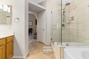Shower, hair dryer, shampoo