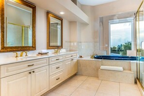 Combined shower/bathtub, jetted bath, hair dryer, bidet