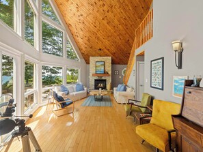 Smart TV, fireplace, books