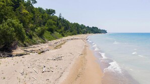 Une plage avec un rivage sablonneux, une zone boisée et une mer calme.