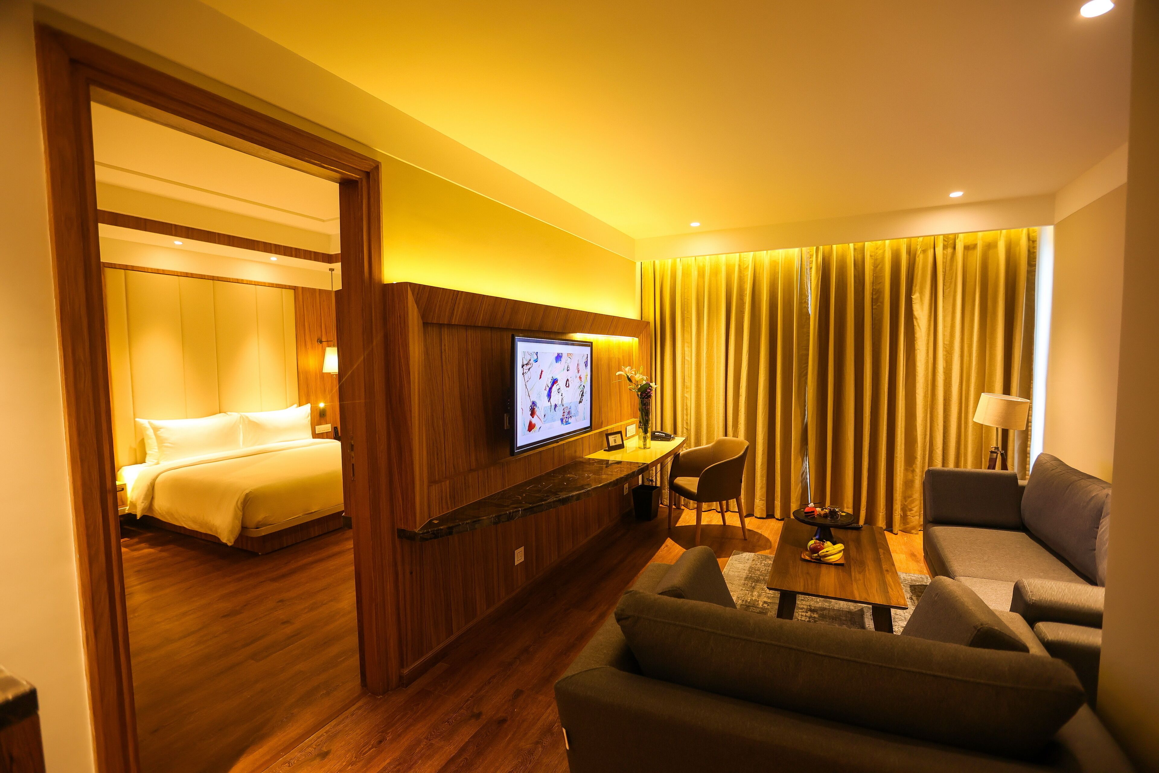 Habitación de hotel con cama, televisor, sofá y una mesita de centro.