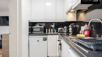 Fridge, microwave, oven, toaster