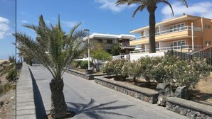A coastal road with a palm tree, a parking lot, and a building with balconies.
