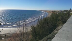 A coastal view with a beach, ocean, and a hillside with sparse vegetation.