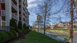 Un immeuble résidentiel à plusieurs étages doté de balcons, avec une rivière au premier plan et un parc avec des arbres et de l’herbe.