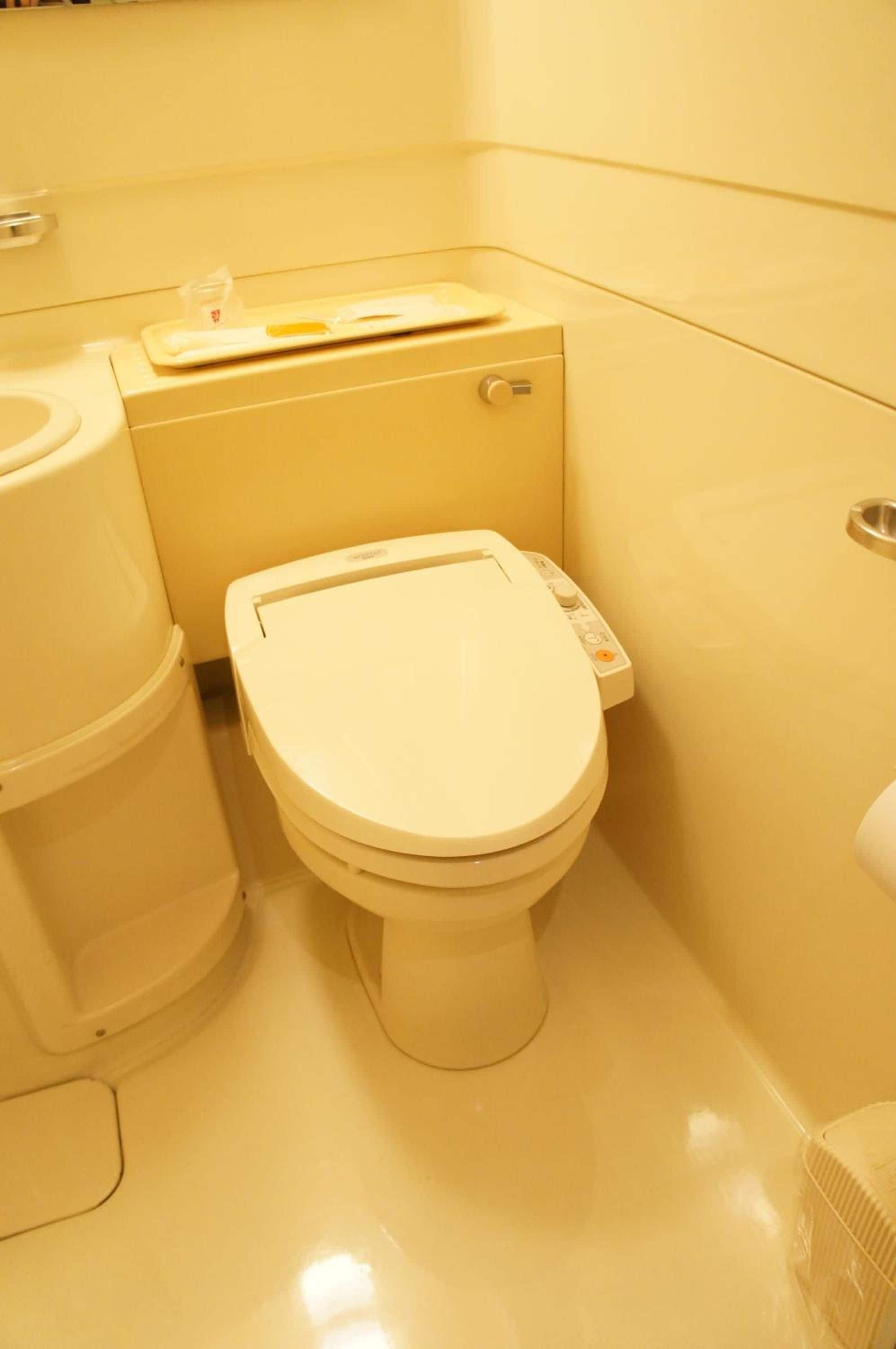 A toilet with a control panel, a bidet attachment, and a toilet paper holder.