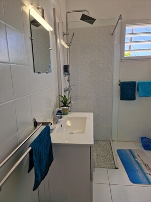 Dusche, Haartrockner, Handtücher, Seife