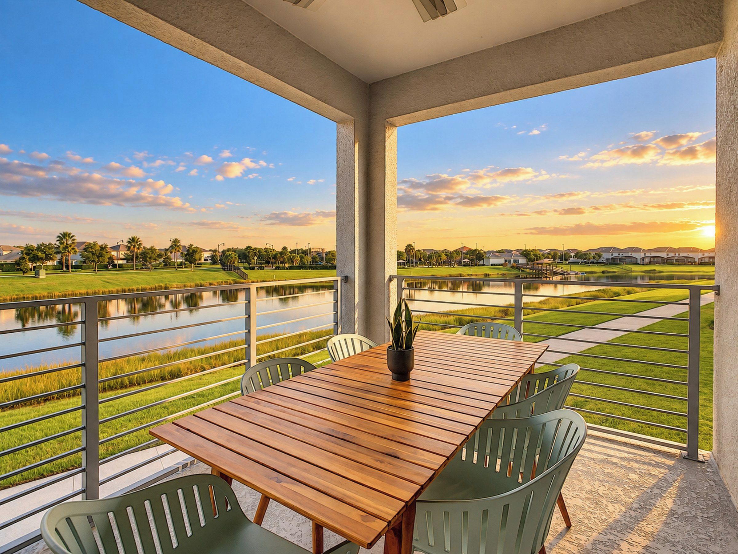 A wooden table and chairs on a balcony with a view of a lake and golf course.