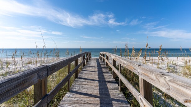 A wooden boardwalk leading to a beach with clear skies. - Stunning Gulf-Front/Balcony Views + Hot Tub/Top-Rated 10/10/Pensacola Beach (Pensacola Beach)