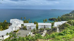 A coastal resort with white buildings, a view of the ocean, and palm trees.