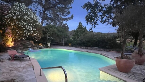 A swimming pool with a stone deck, a metal safety railing, and potted plants. - Silence in the Green Provence (Carcès)