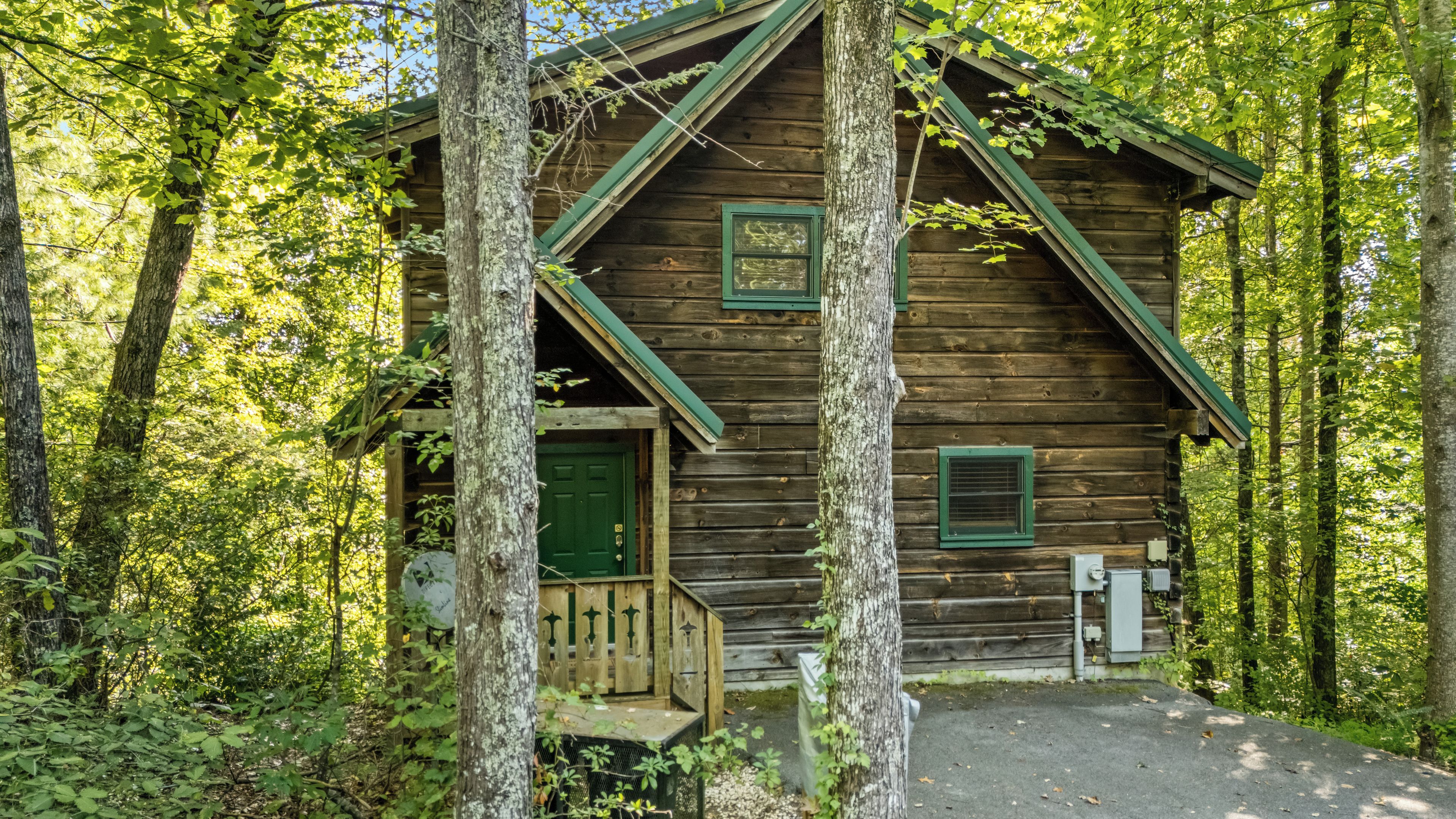 A rustic cabin with a green door and windows, surrounded by dense forest.