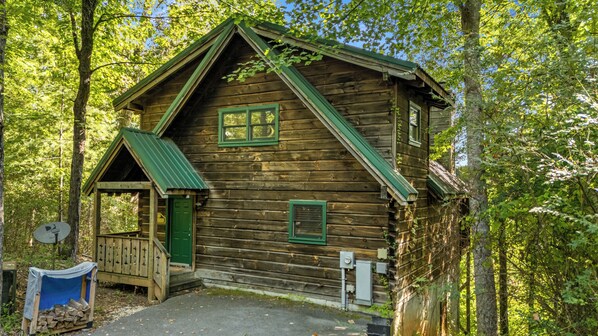 A rustic cabin with a green door, a small porch, and a clear sky in the background.