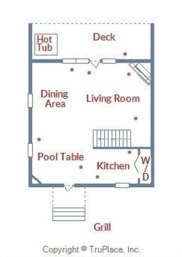 A floor plan with a hot tub, deck, dining area, living room, pool table, kitchen, grill, and a W/D room.