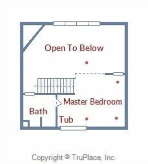Plan d’étage d’une chambre d’hôtel comprenant une chambre principale, un espace ouvert donnant sur l’étage inférieur, une salle de bain et une baignoire.