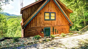 Une cabane en bois avec un toit à pignon très incliné, une porte verte et un petit porche.