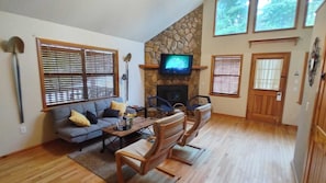 Smart TV, fireplace, books