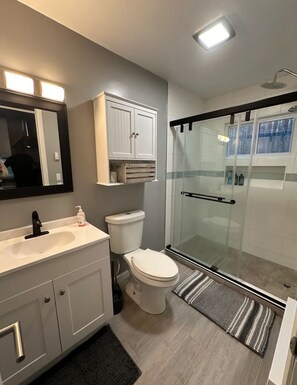 Combined shower/bathtub, hair dryer, towels, soap