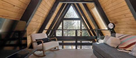 Smart TV, fireplace, books, stereo