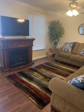 Smart TV, chimenea y libros 