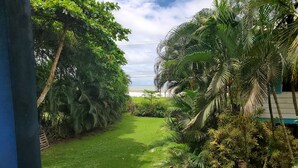 Um jardim exuberante com gramado, folhagem densa e vista para o oceano.