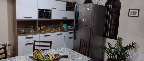 Fridge, microwave, stovetop, electric kettle