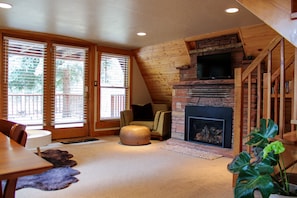 Smart TV, fireplace, books, stereo