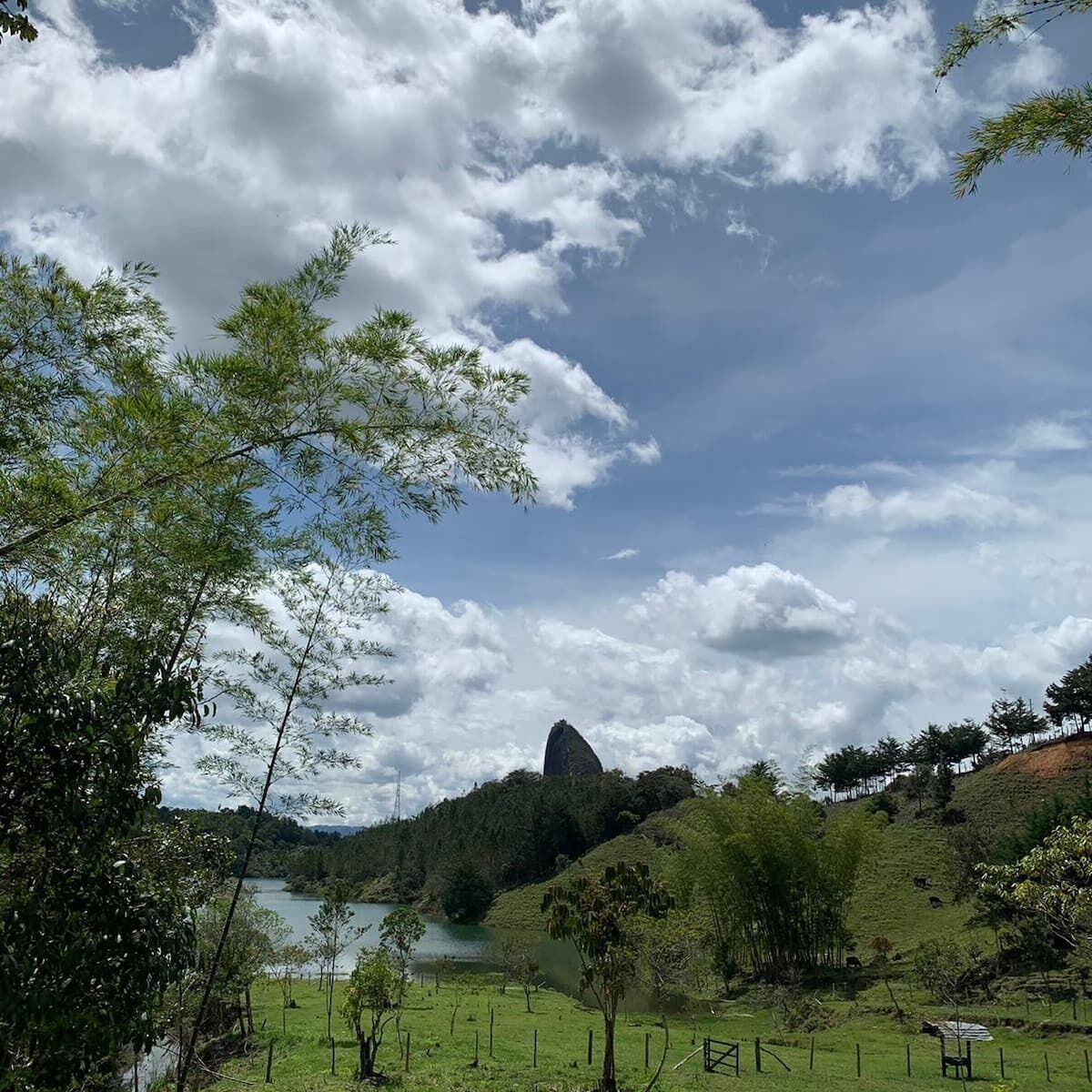 A landscape with a lake, trees, and a hill with a unique rock formation.