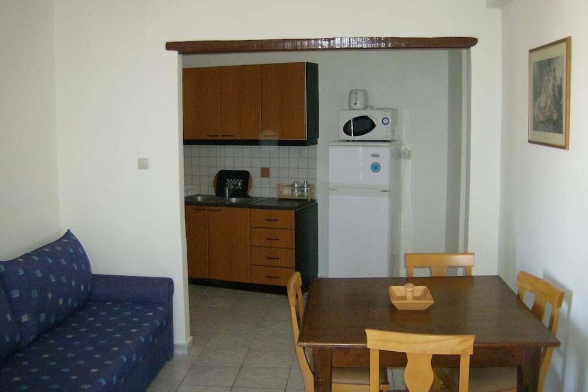 A compact living space with a kitchenette, a dining table with chairs, and a sofa.