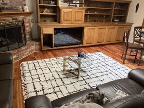 TV connectée, cheminée, lecteur de DVD, livres