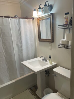 Combined shower/tub, hair dryer, towels, soap