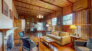 TV, fireplace, books