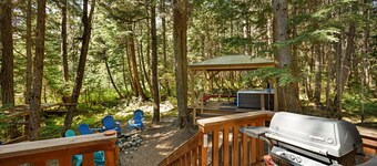 Gorgeous cabin-style home huge private hot tub, beautiful deck & fireplace