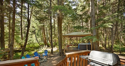 Gorgeous cabin-style home huge private hot tub, beautiful deck & fireplace
