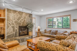 TV, fireplace, DVD player, books