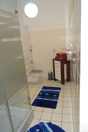Douche, sĂšche-cheveux, serviettes fournies, savon
