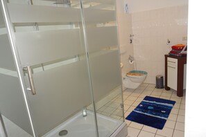 Regadera, secadora de cabello, toallas, jabón 