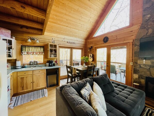 Smart TV, fireplace, books